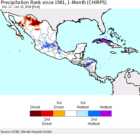 Mexico Central America and the Caribbean Precipitation Rank since 1981, 1-Month (CHIRPS) Thematic Map For 12/11/2023 - 1/10/2024