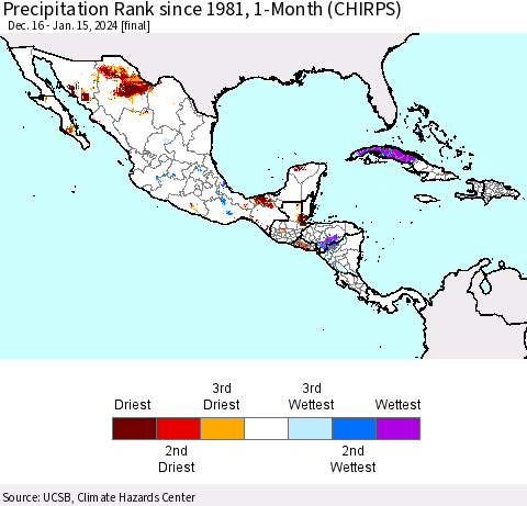 Mexico Central America and the Caribbean Precipitation Rank since 1981, 1-Month (CHIRPS) Thematic Map For 12/16/2023 - 1/15/2024