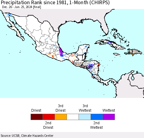 Mexico Central America and the Caribbean Precipitation Rank since 1981, 1-Month (CHIRPS) Thematic Map For 12/26/2023 - 1/25/2024