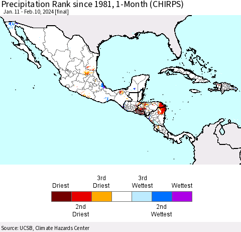 Mexico Central America and the Caribbean Precipitation Rank since 1981, 1-Month (CHIRPS) Thematic Map For 1/11/2024 - 2/10/2024