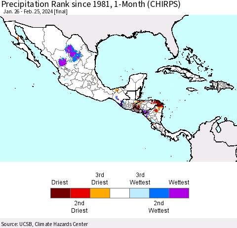 Mexico Central America and the Caribbean Precipitation Rank since 1981, 1-Month (CHIRPS) Thematic Map For 1/26/2024 - 2/25/2024