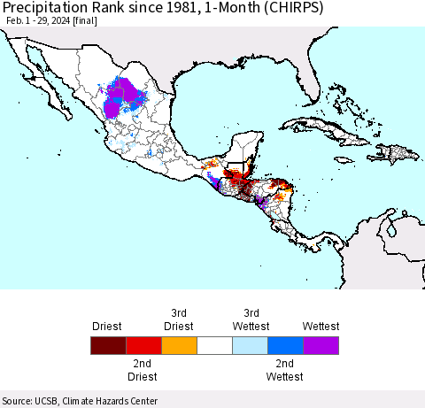 Mexico Central America and the Caribbean Precipitation Rank since 1981, 1-Month (CHIRPS) Thematic Map For 2/1/2024 - 2/29/2024