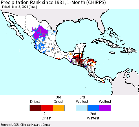 Mexico Central America and the Caribbean Precipitation Rank since 1981, 1-Month (CHIRPS) Thematic Map For 2/6/2024 - 3/5/2024