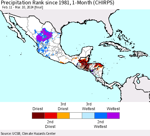 Mexico Central America and the Caribbean Precipitation Rank since 1981, 1-Month (CHIRPS) Thematic Map For 2/11/2024 - 3/10/2024