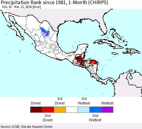 Mexico Central America and the Caribbean Precipitation Rank since 1981, 1-Month (CHIRPS) Thematic Map For 2/16/2024 - 3/15/2024