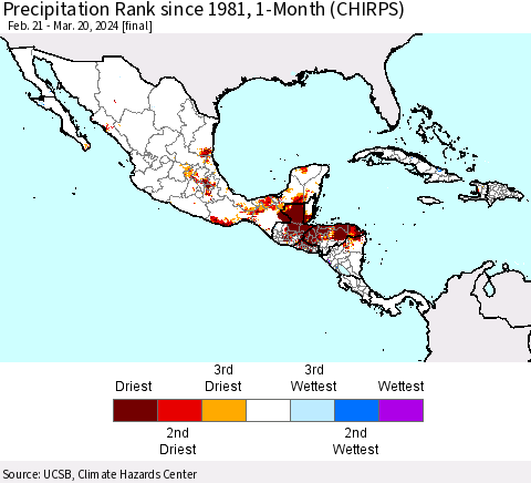 Mexico Central America and the Caribbean Precipitation Rank since 1981, 1-Month (CHIRPS) Thematic Map For 2/21/2024 - 3/20/2024