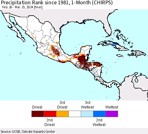 Mexico Central America and the Caribbean Precipitation Rank since 1981, 1-Month (CHIRPS) Thematic Map For 2/26/2024 - 3/25/2024