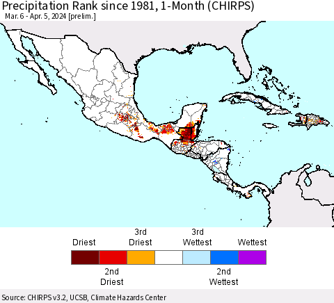 Mexico Central America and the Caribbean Precipitation Rank since 1981, 1-Month (CHIRPS) Thematic Map For 3/6/2024 - 4/5/2024