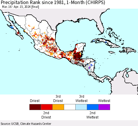 Mexico Central America and the Caribbean Precipitation Rank since 1981, 1-Month (CHIRPS) Thematic Map For 3/16/2024 - 4/15/2024