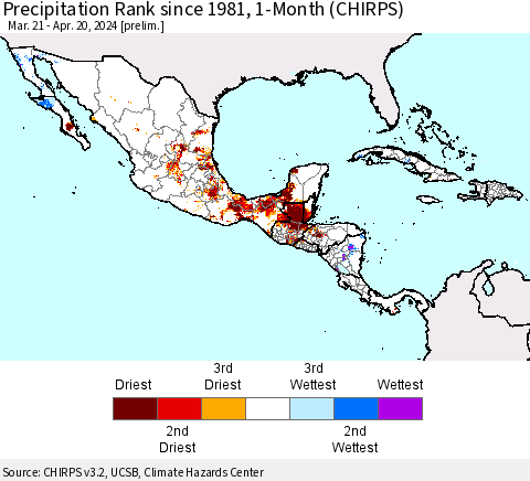 Mexico Central America and the Caribbean Precipitation Rank since 1981, 1-Month (CHIRPS) Thematic Map For 3/21/2024 - 4/20/2024