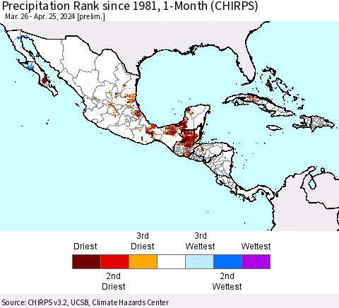 Mexico Central America and the Caribbean Precipitation Rank since 1981, 1-Month (CHIRPS) Thematic Map For 3/26/2024 - 4/25/2024