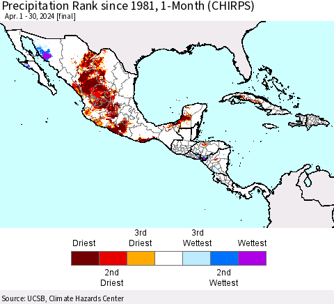 Mexico Central America and the Caribbean Precipitation Rank since 1981, 1-Month (CHIRPS) Thematic Map For 4/1/2024 - 4/30/2024