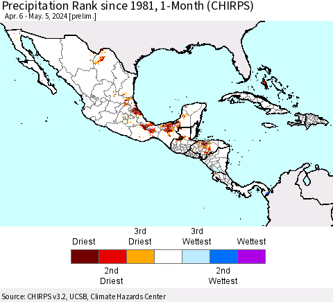 Mexico Central America and the Caribbean Precipitation Rank since 1981, 1-Month (CHIRPS) Thematic Map For 4/6/2024 - 5/5/2024