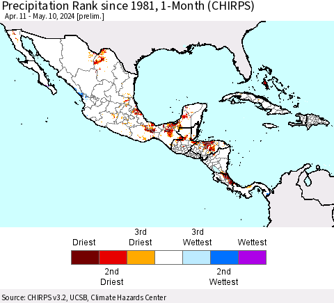 Mexico Central America and the Caribbean Precipitation Rank since 1981, 1-Month (CHIRPS) Thematic Map For 4/11/2024 - 5/10/2024