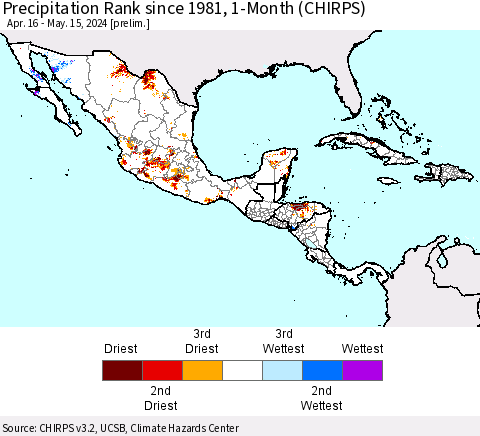 Mexico Central America and the Caribbean Precipitation Rank since 1981, 1-Month (CHIRPS) Thematic Map For 4/16/2024 - 5/15/2024