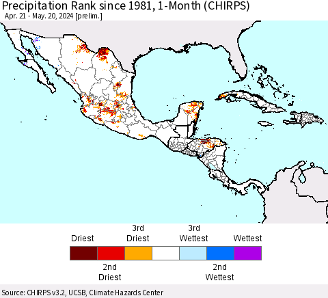 Mexico Central America and the Caribbean Precipitation Rank since 1981, 1-Month (CHIRPS) Thematic Map For 4/21/2024 - 5/20/2024