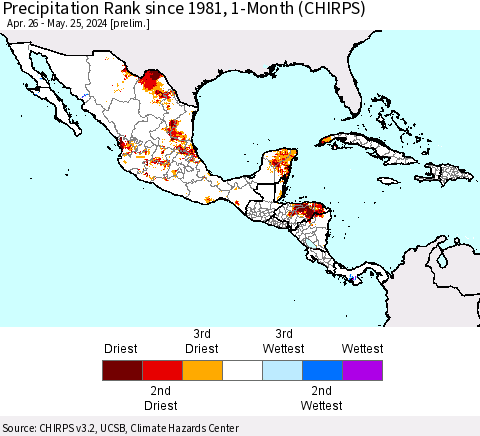 Mexico Central America and the Caribbean Precipitation Rank since 1981, 1-Month (CHIRPS) Thematic Map For 4/26/2024 - 5/25/2024