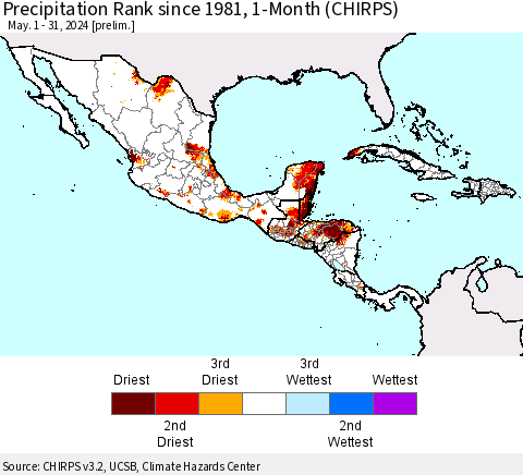 Mexico Central America and the Caribbean Precipitation Rank since 1981, 1-Month (CHIRPS) Thematic Map For 5/1/2024 - 5/31/2024
