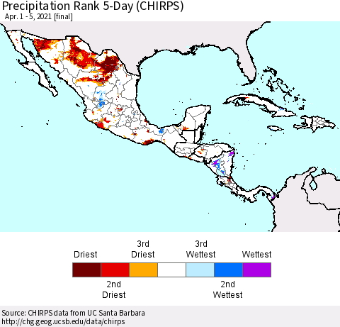 Mexico Central America and the Caribbean Precipitation Rank since 1981, 5-Day (CHIRPS) Thematic Map For 4/1/2021 - 4/5/2021