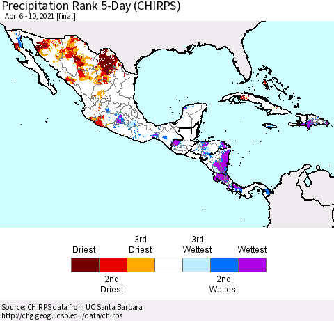 Mexico Central America and the Caribbean Precipitation Rank since 1981, 5-Day (CHIRPS) Thematic Map For 4/6/2021 - 4/10/2021