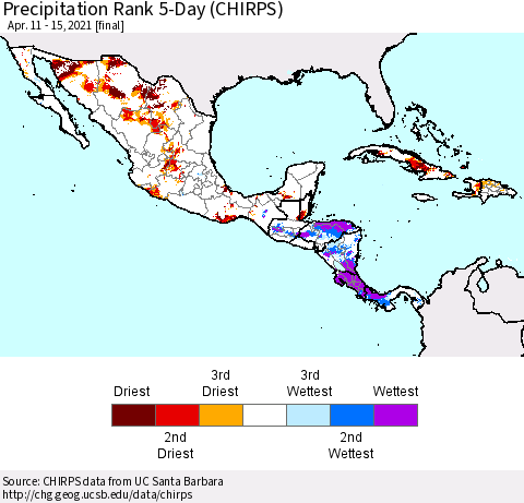 Mexico Central America and the Caribbean Precipitation Rank since 1981, 5-Day (CHIRPS) Thematic Map For 4/11/2021 - 4/15/2021