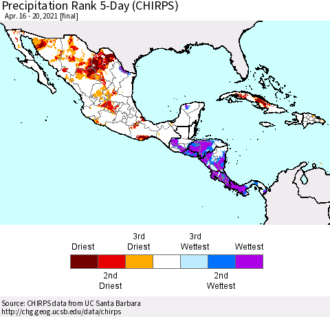 Mexico Central America and the Caribbean Precipitation Rank since 1981, 5-Day (CHIRPS) Thematic Map For 4/16/2021 - 4/20/2021