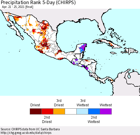 Mexico Central America and the Caribbean Precipitation Rank since 1981, 5-Day (CHIRPS) Thematic Map For 4/21/2021 - 4/25/2021