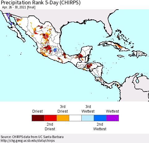 Mexico Central America and the Caribbean Precipitation Rank since 1981, 5-Day (CHIRPS) Thematic Map For 4/26/2021 - 4/30/2021