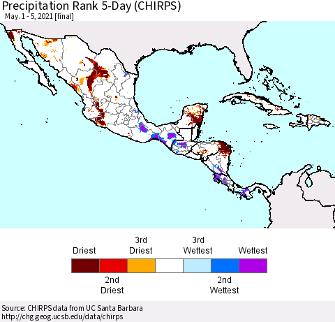 Mexico Central America and the Caribbean Precipitation Rank since 1981, 5-Day (CHIRPS) Thematic Map For 5/1/2021 - 5/5/2021