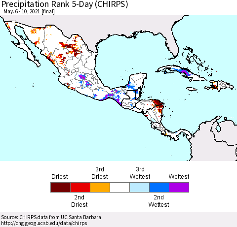 Mexico Central America and the Caribbean Precipitation Rank since 1981, 5-Day (CHIRPS) Thematic Map For 5/6/2021 - 5/10/2021