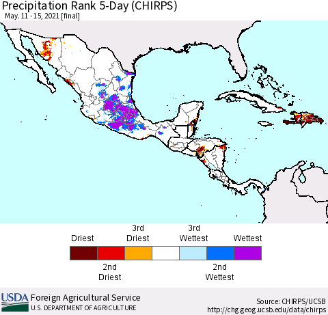 Mexico Central America and the Caribbean Precipitation Rank since 1981, 5-Day (CHIRPS) Thematic Map For 5/11/2021 - 5/15/2021