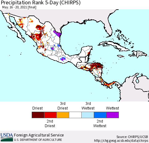 Mexico Central America and the Caribbean Precipitation Rank since 1981, 5-Day (CHIRPS) Thematic Map For 5/16/2021 - 5/20/2021