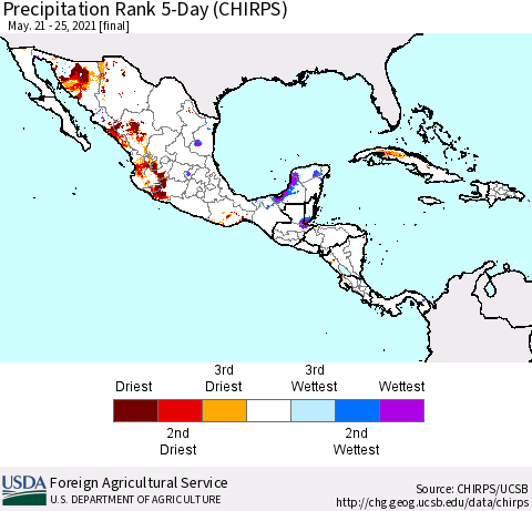 Mexico Central America and the Caribbean Precipitation Rank since 1981, 5-Day (CHIRPS) Thematic Map For 5/21/2021 - 5/25/2021