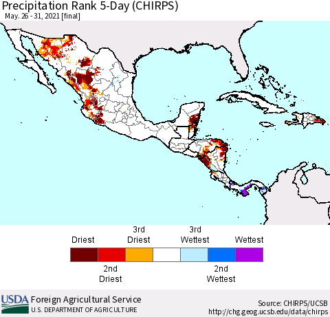 Mexico Central America and the Caribbean Precipitation Rank since 1981, 5-Day (CHIRPS) Thematic Map For 5/26/2021 - 5/31/2021