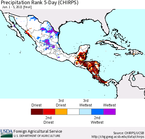 Mexico Central America and the Caribbean Precipitation Rank since 1981, 5-Day (CHIRPS) Thematic Map For 6/1/2021 - 6/5/2021