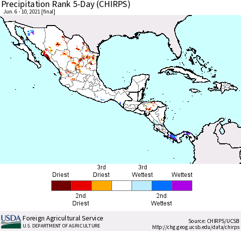 Mexico Central America and the Caribbean Precipitation Rank since 1981, 5-Day (CHIRPS) Thematic Map For 6/6/2021 - 6/10/2021
