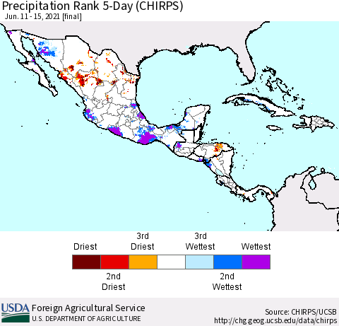 Mexico Central America and the Caribbean Precipitation Rank since 1981, 5-Day (CHIRPS) Thematic Map For 6/11/2021 - 6/15/2021