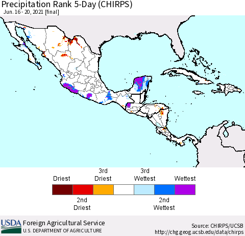 Mexico Central America and the Caribbean Precipitation Rank since 1981, 5-Day (CHIRPS) Thematic Map For 6/16/2021 - 6/20/2021