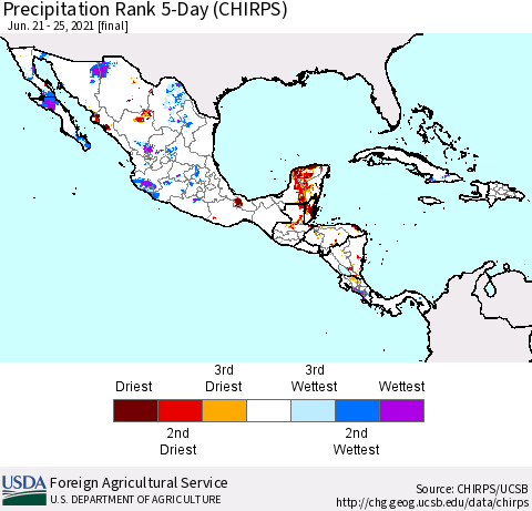 Mexico Central America and the Caribbean Precipitation Rank since 1981, 5-Day (CHIRPS) Thematic Map For 6/21/2021 - 6/25/2021