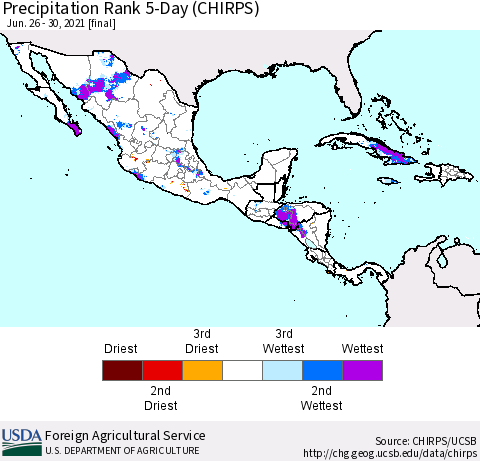 Mexico Central America and the Caribbean Precipitation Rank since 1981, 5-Day (CHIRPS) Thematic Map For 6/26/2021 - 6/30/2021