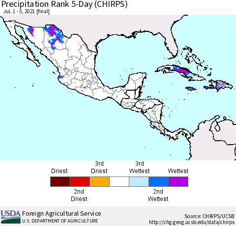 Mexico Central America and the Caribbean Precipitation Rank since 1981, 5-Day (CHIRPS) Thematic Map For 7/1/2021 - 7/5/2021