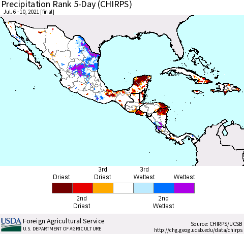 Mexico Central America and the Caribbean Precipitation Rank since 1981, 5-Day (CHIRPS) Thematic Map For 7/6/2021 - 7/10/2021