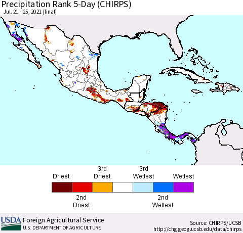 Mexico Central America and the Caribbean Precipitation Rank since 1981, 5-Day (CHIRPS) Thematic Map For 7/21/2021 - 7/25/2021