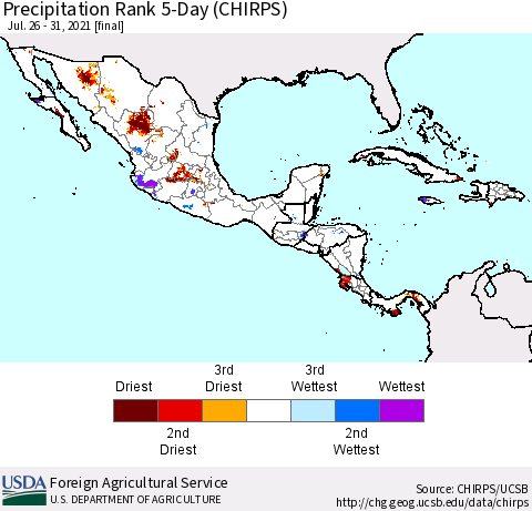 Mexico Central America and the Caribbean Precipitation Rank since 1981, 5-Day (CHIRPS) Thematic Map For 7/26/2021 - 7/31/2021