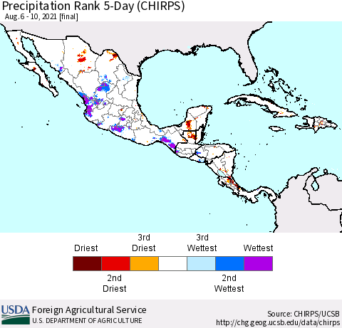 Mexico Central America and the Caribbean Precipitation Rank since 1981, 5-Day (CHIRPS) Thematic Map For 8/6/2021 - 8/10/2021