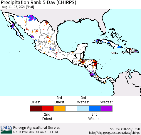 Mexico Central America and the Caribbean Precipitation Rank since 1981, 5-Day (CHIRPS) Thematic Map For 8/11/2021 - 8/15/2021