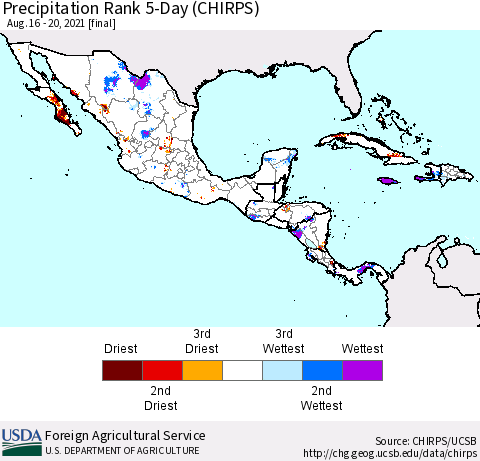 Mexico Central America and the Caribbean Precipitation Rank since 1981, 5-Day (CHIRPS) Thematic Map For 8/16/2021 - 8/20/2021