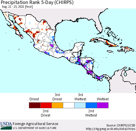 Mexico Central America and the Caribbean Precipitation Rank since 1981, 5-Day (CHIRPS) Thematic Map For 8/21/2021 - 8/25/2021