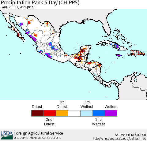 Mexico Central America and the Caribbean Precipitation Rank since 1981, 5-Day (CHIRPS) Thematic Map For 8/26/2021 - 8/31/2021