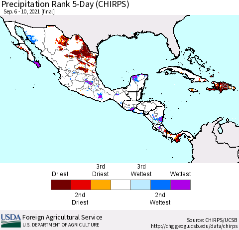Mexico Central America and the Caribbean Precipitation Rank since 1981, 5-Day (CHIRPS) Thematic Map For 9/6/2021 - 9/10/2021